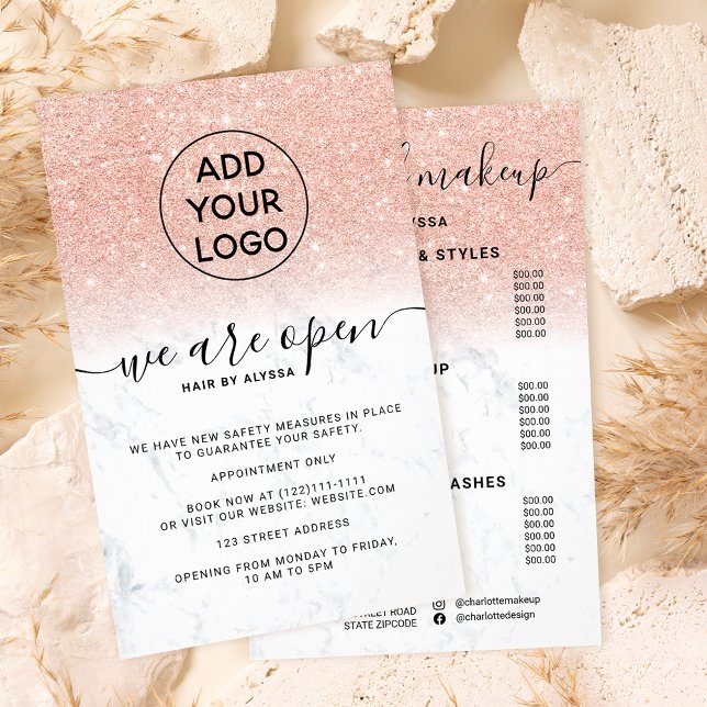 Rose Gold Glitzer Preise Logo Marmor Wir sind offe Flyer (Von Creator hochgeladen)