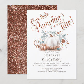 Rose Gold Glitzer Pumpkin Herbst 1. Geburtstag Einladung