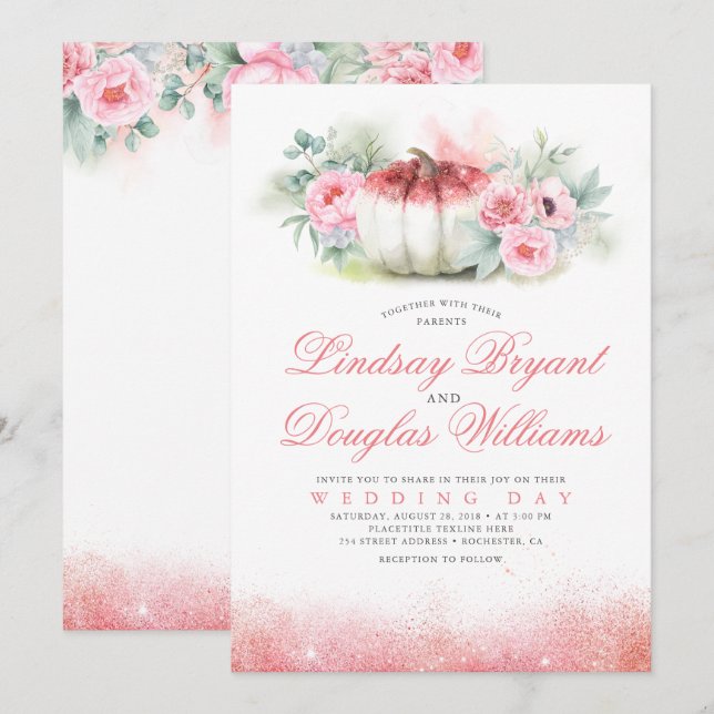 Rose Gold Glitzer Pumpkin Hochzeit im Herbst Einla Einladung (Vorne/Hinten)