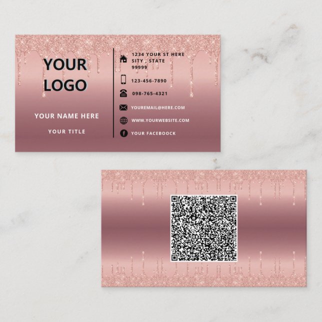 Rose Gold Glitzer QR Code Geschäftskartenvorlage Visitenkarte (Vorne/Hinten)