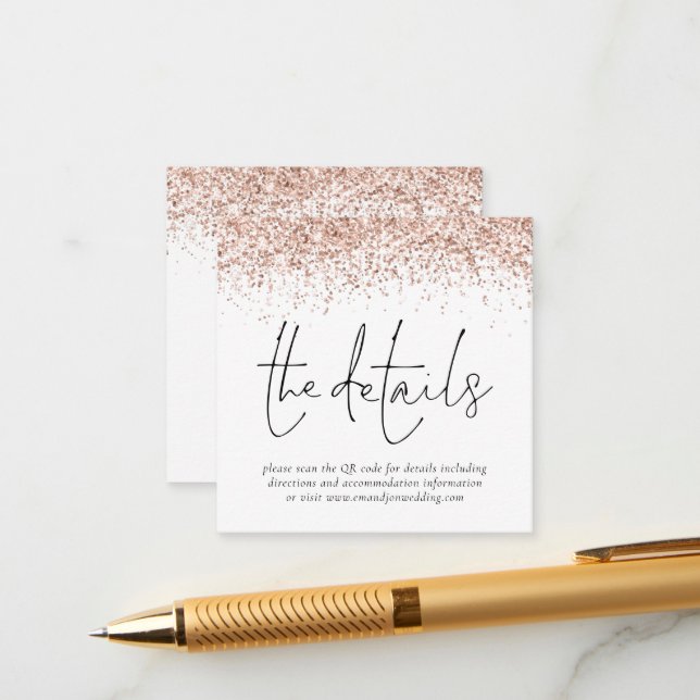 Rose Gold Glitzer QR Code Hochzeitdetails Begleitkarte (Vorderseite/Rückseite Beispiel)