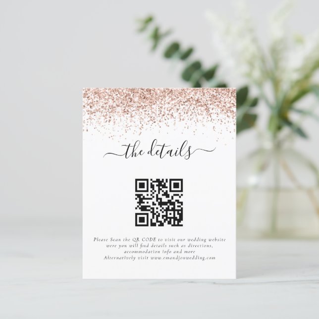 Rose Gold Glitzer QR Code Hochzeitsdetails (Stehend Vorderseite)