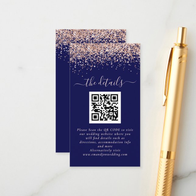Rose Gold Glitzer QR Code Hochzeitsdetails Begleitkarte (Vorderseite/Rückseite Beispiel)