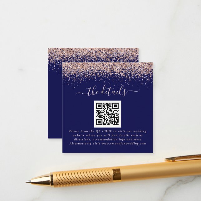 Rose Gold Glitzer QR Code Hochzeitsdetails Begleitkarte (Vorderseite/Rückseite Beispiel)
