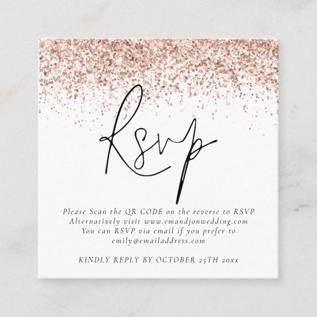 Rose Gold Glitzer QR Code Skript Hochzeit RSVP Begleitkarte (Vorderseite)
