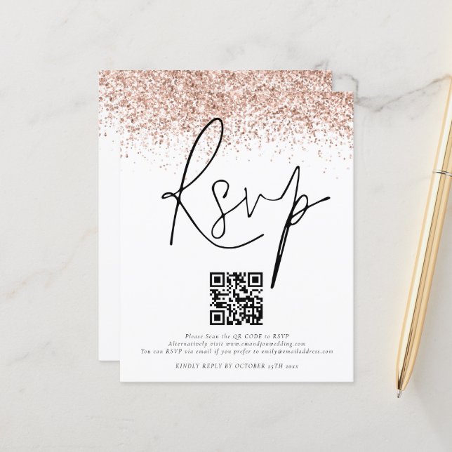 Rose Gold Glitzer QR Code Wedding RSVP ENCL (Vorderseite/Rückseite Beispiel)