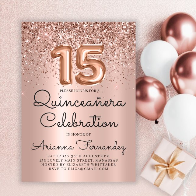 Rose Gold Glitzer Quinceañera 15. Geburtstag Einladung (Von Creator hochgeladen)