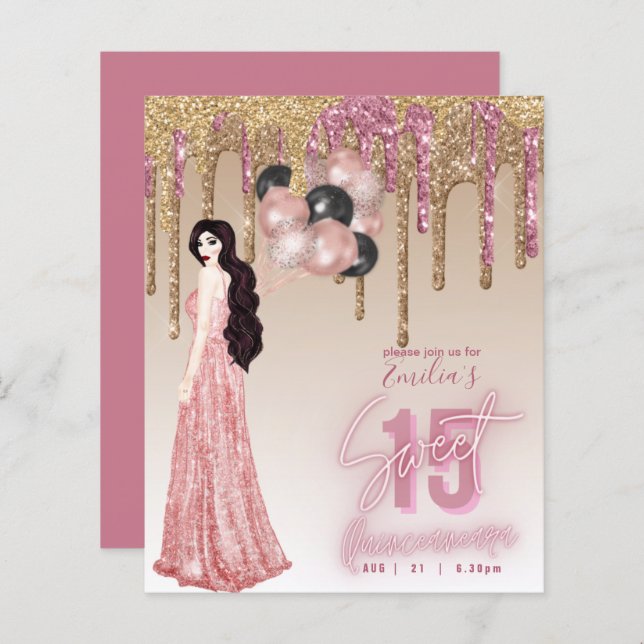 Rose Gold Glitzer Quinceanera Brünett (Vorne/Hinten)