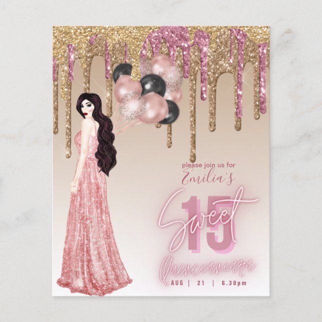 Rose Gold Glitzer Quinceanera Brünett Flyer (Vorne)