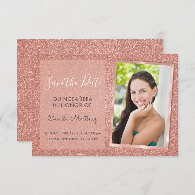 Rose Gold Glitzer Quinceanera Save the Date Einladung (Vorne/Hinten)