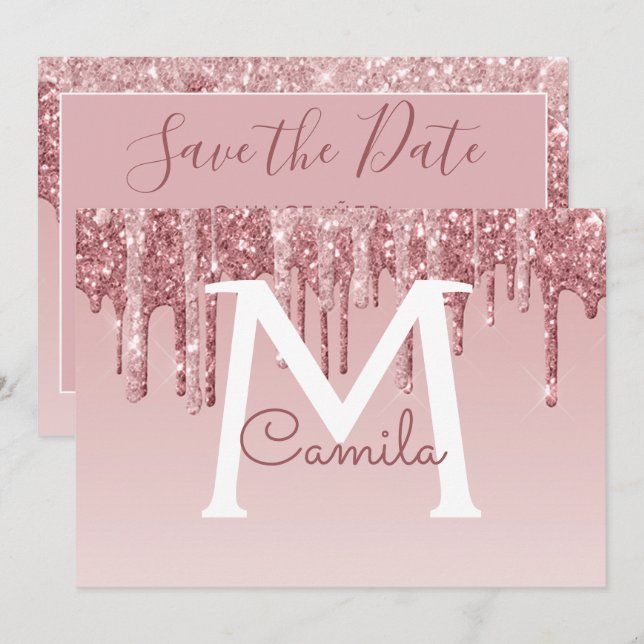 Rose Gold Glitzer Quinceanera Save the Date Einladung (Vorne/Hinten)