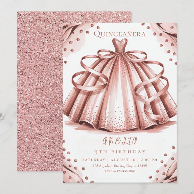 Rose Gold Glitzer Quinceñera Einladung (Vorne/Hinten)