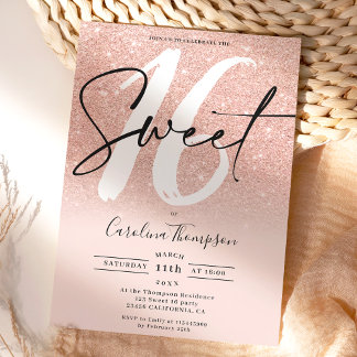 Rose Gold Glitzer Randskript Foto Sweet 16 Einladung