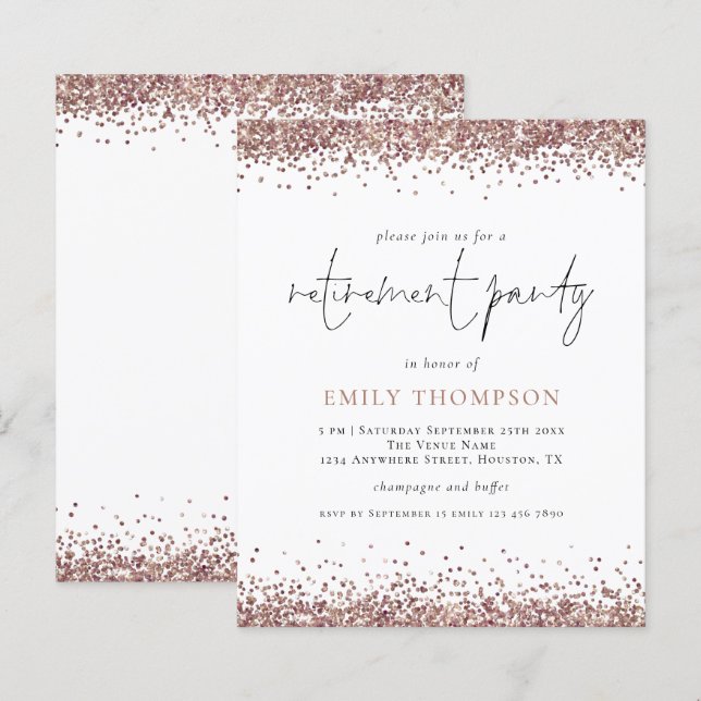Rose Gold Glitzer Rente Party Einladung (Vorne/Hinten)