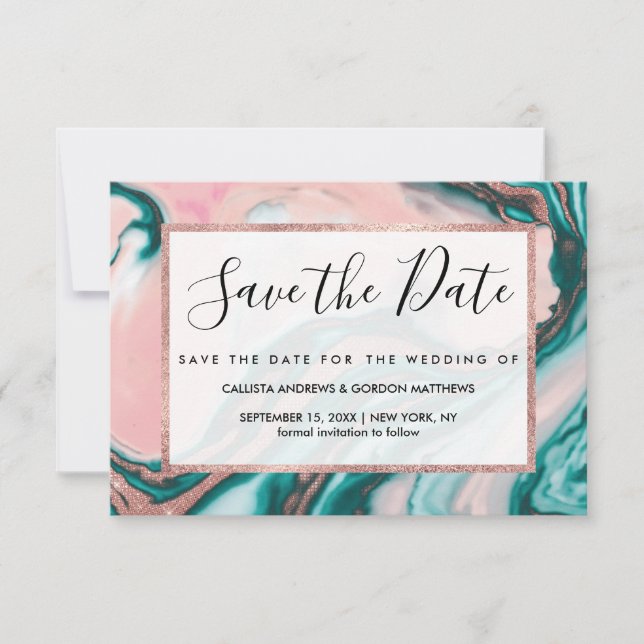 Rose Gold Glitzer Rosa Aquamariner Wirbel lackiert Save The Date (Vorderseite)