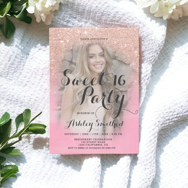 Rose Gold Glitzer Rosa Aquarell Foto Sweet 16 Einladung (Rose gold glitter pink watercolor photo Sweet 16 Invitation)