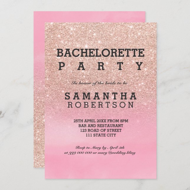 Rose Gold Glitzer Rosa Aquarellbachelorette Einladung (Vorne/Hinten)