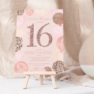 Rose Gold Glitzer Rosa Ballon Sweet 16 Foto Einladung