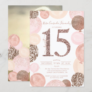 Rose Gold Glitzer Rosa Ballons Quinceanera Foto Einladung