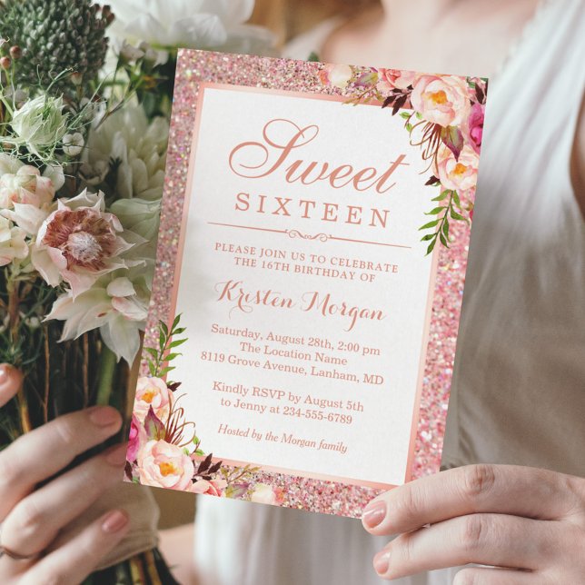 Rose Gold Glitzer Rosa Blumensaft 16 Geburtstag Einladung (Von Creator hochgeladen)