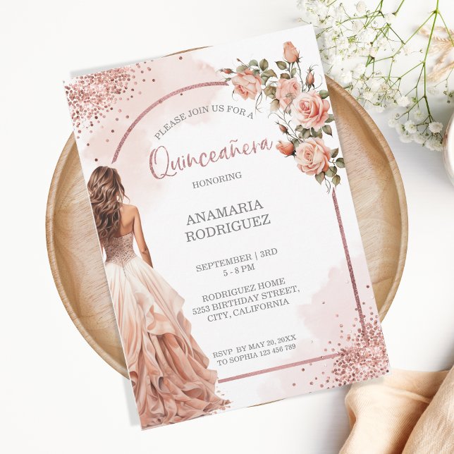 Rose Gold Glitzer Rosa Blütenblüte Quinceanera Einladung (Von Creator hochgeladen)