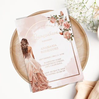 Rose Gold Glitzer Rosa Blütenblüte Quinceanera Folieneinladung