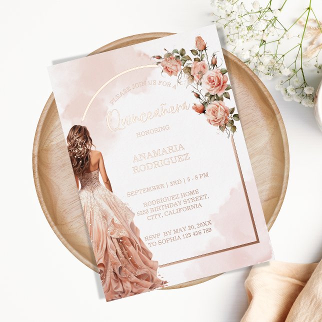 Rose Gold Glitzer Rosa Blütenblüte Quinceanera Folieneinladung (Von Creator hochgeladen)