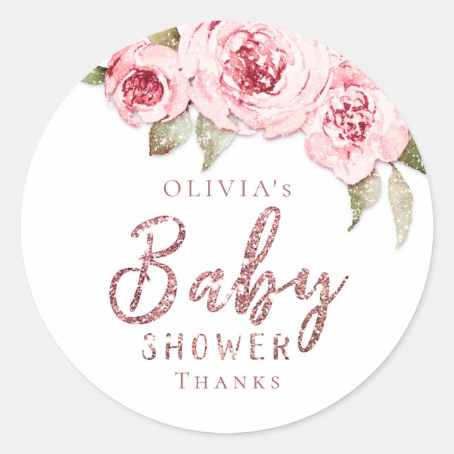 Rose Gold Glitzer Rosa Blütendusche Runder Aufkleber (Vorderseite)