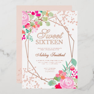 Rose Gold Glitzer Rosa florale Aquarell Sweet 16 Folieneinladung