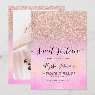 Rose Gold Glitzer Rosa holografisches Foto süß 16 Einladung