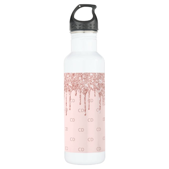 Rose Gold Glitzer Rosa Monogramm Edelstahlflasche (Vorderseite)