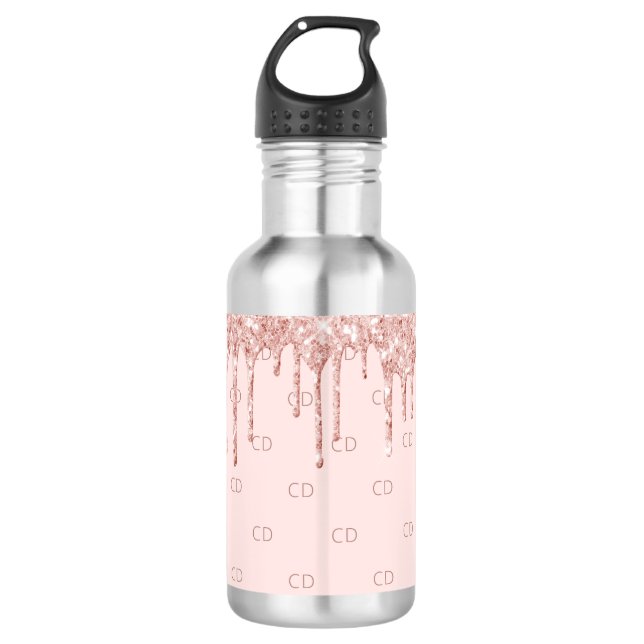 Rose Gold Glitzer Rosa Monogramm Edelstahlflasche (Vorderseite)