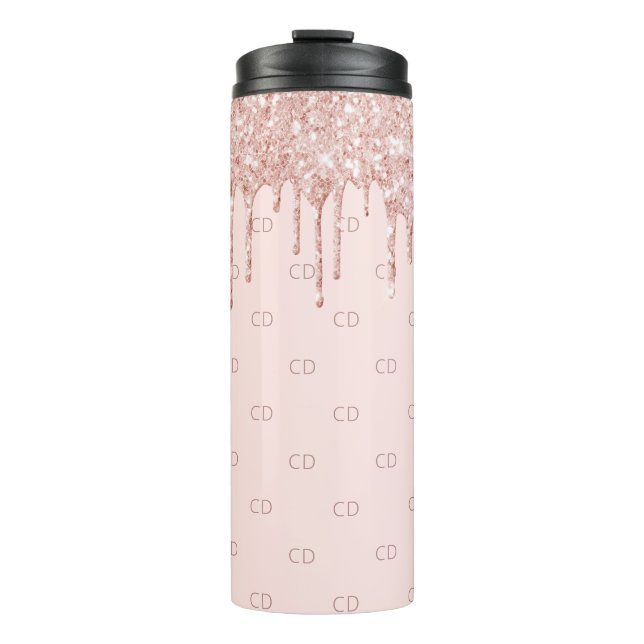 Rose Gold Glitzer Rosa Monogramm Thermosbecher (Vorderseite)