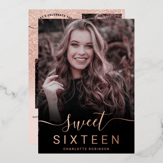 Rose Gold Glitzer Rosa ombre 5 Foto süß 16 Folieneinladung (Vorderseite/Rückseite)