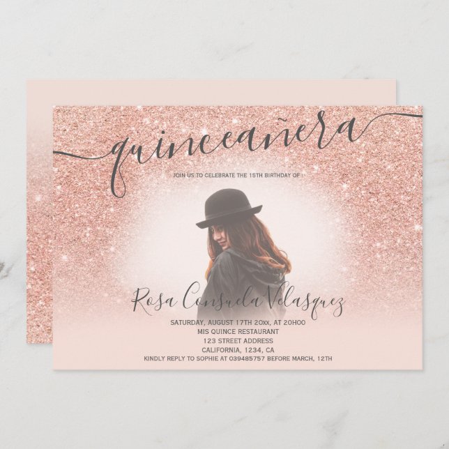 Rose Gold Glitzer Rosa Quinceanera Foto Einladung (Vorne/Hinten)