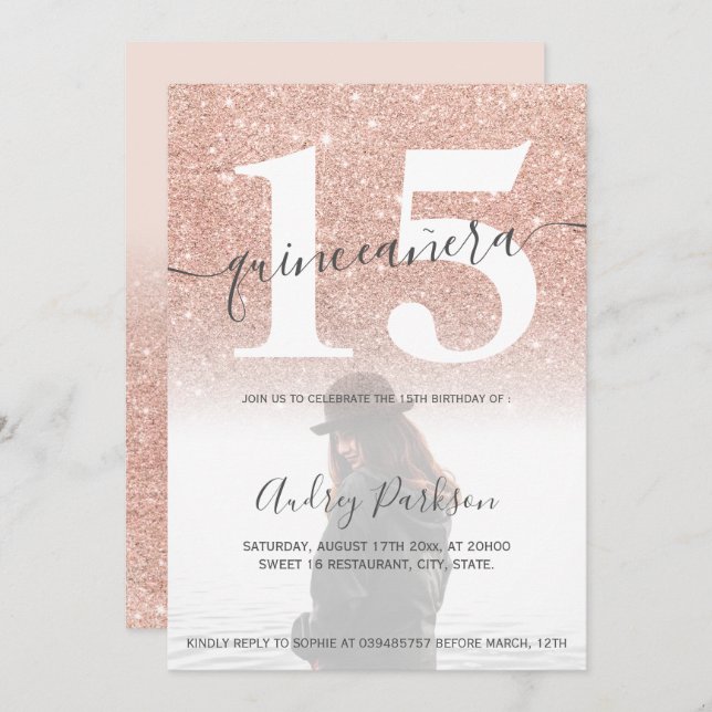 Rose Gold Glitzer Rosa Quinceanera Foto Einladung (Vorne/Hinten)