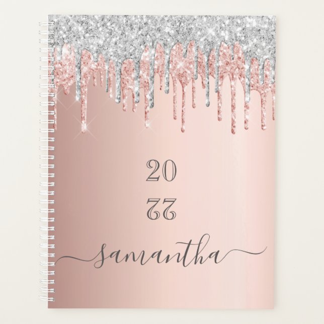 Rose Gold Glitzer Rosa Silber Monogramm 2025 Planer (Vorderseite)