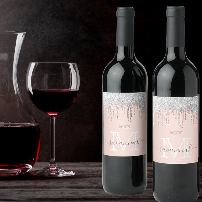 Rose Gold Glitzer Rosa Silberfunkel Monogramm Weinetikett (Von Creator hochgeladen)