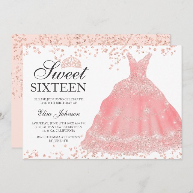 Rose Gold Glitzer Rosa Tiara Kleid Sweet 16 Einladung (Vorne/Hinten)