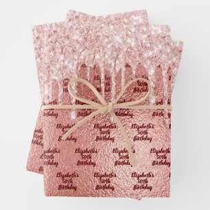 Rose Gold Glitzer Rosa Tropfen Monogramm Geschenkpapier Set