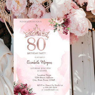 Rose Gold Glitzer Rose Kronen 80. Geburtstagsparty Einladung