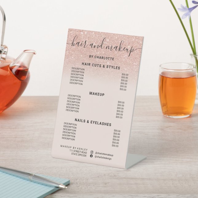 Rose Gold Glitzer Rote Haare Make Salon Preis Sockelschild (In SItu)