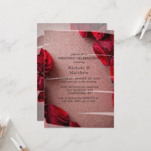 Rose Gold Glitzer & Rote Rosen Hochzeitsfeier Einladung