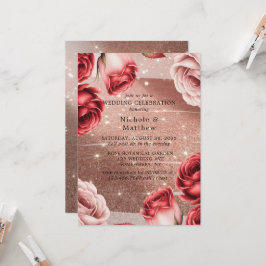 Rose Gold Glitzer & Rote Rosen Hochzeitsfeier Einladung
