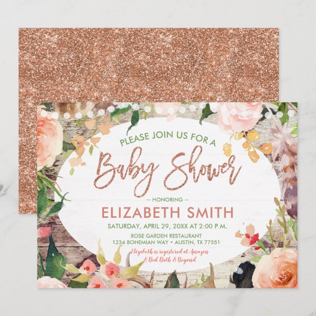 Rose Gold Glitzer Sage Floral Bohemisch Baby Dusch Einladung (Vorne/Hinten)