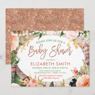 Rose Gold Glitzer Sage Floral Bohemisch Baby Dusch Einladung