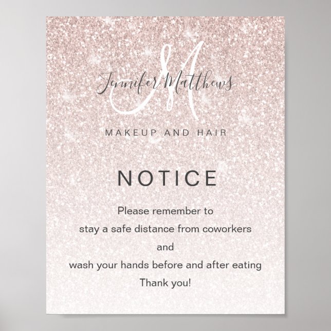 Rose Gold Glitzer Salon COVID Safety Break Room Poster (Vorne)