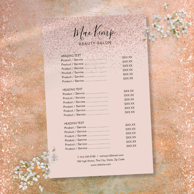 Rose Gold Glitzer Salon Service Menü (Rose Gold Glitter Salon Service Menu Flyer)