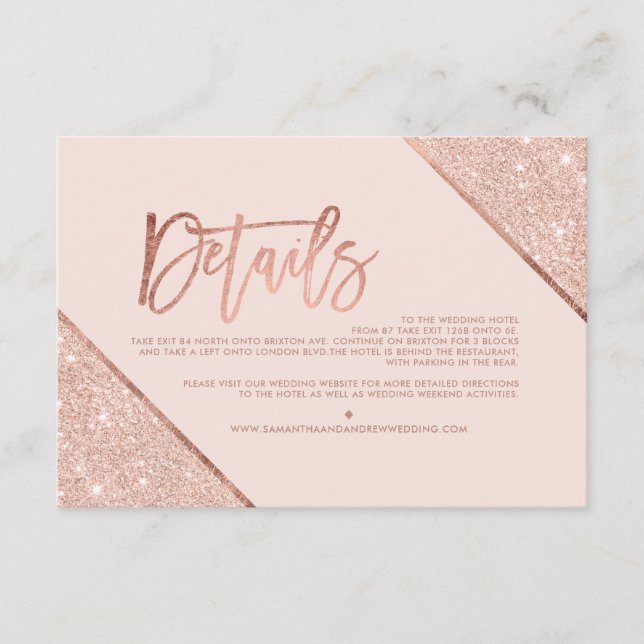 Rose Gold Glitzer Schwarz Drehbuch Hochzeitsanweis Begleitkarte (Vorderseite)