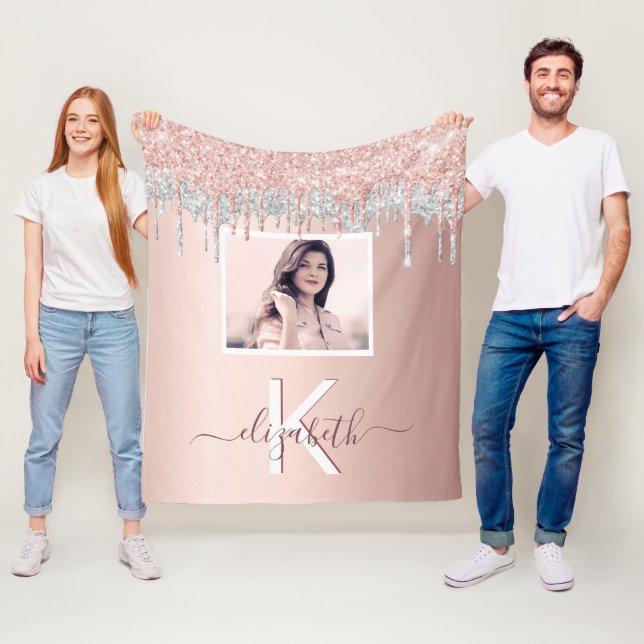 Rose Gold Glitzer Schwarz Foto Monogramm Fleecedecke (Beispiel)